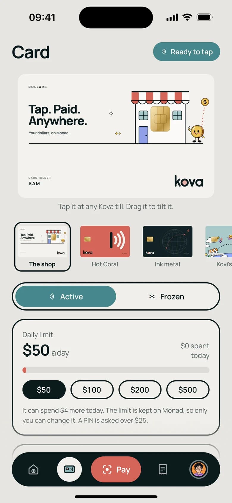 The Kova Card: active, with a $50 daily limit