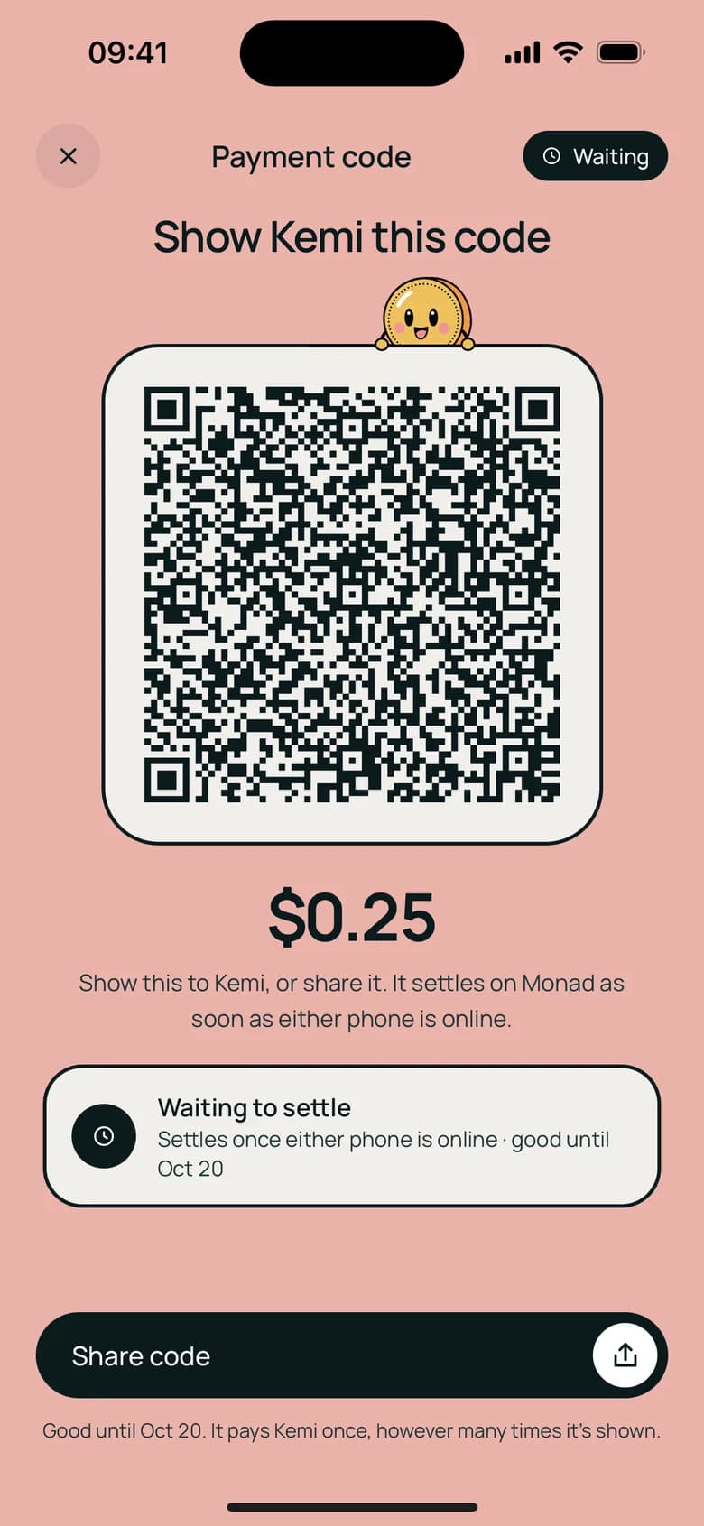 A payment code, signed with no signal